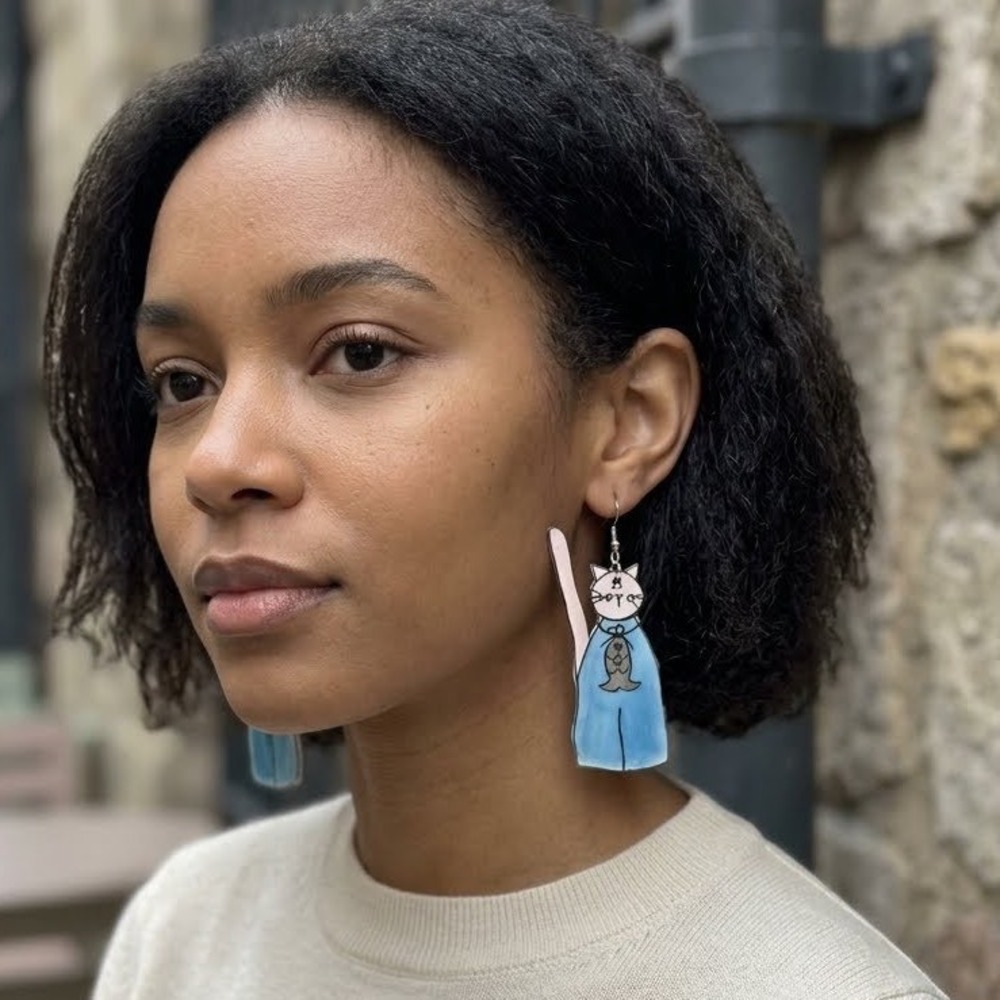 Handmade‎ Style Blue Cat Fish Acrylic Drop Earrings Whimsical Dangle Jewelry